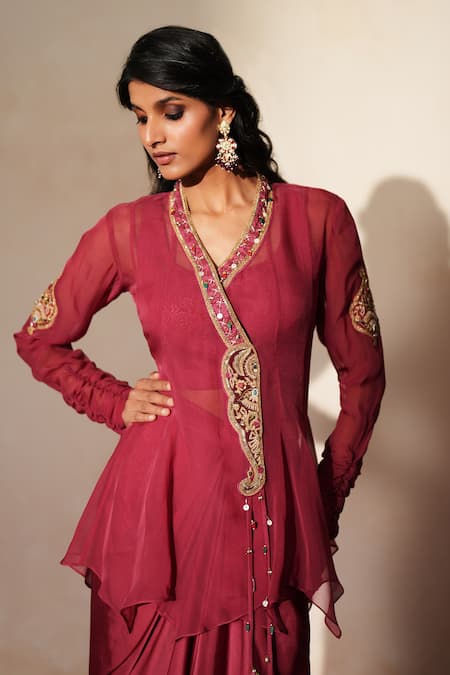 Shop_ISHA GUPTA TAYAL_Purple Organza Embroidery, Stones, Tassels V-neck, Itr Shirt And Draped Skirt Set _Online_at_Aza_Fashions