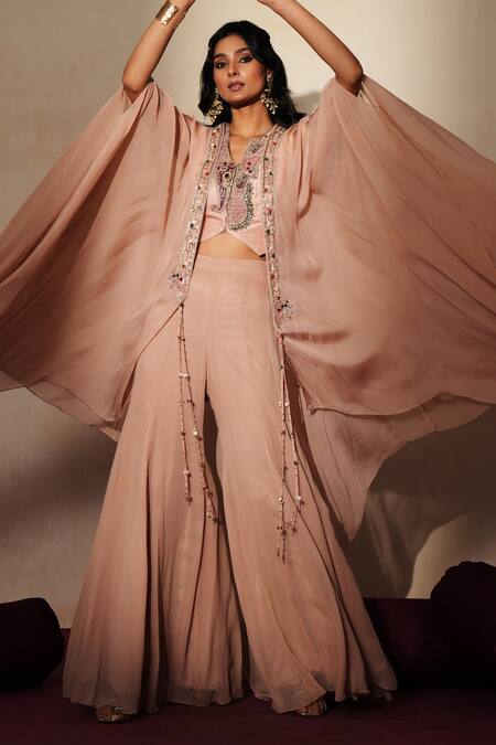 ISHA GUPTA TAYAL_Pink Silk Embroidery, Stones, Patchwork, Zari Open Rajlata Cape Sharara Set _Online_at_Aza_Fashions