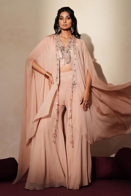Shop_ISHA GUPTA TAYAL_Pink Silk Embroidery, Stones, Patchwork, Zari Open Rajlata Cape Sharara Set _Online_at_Aza_Fashions