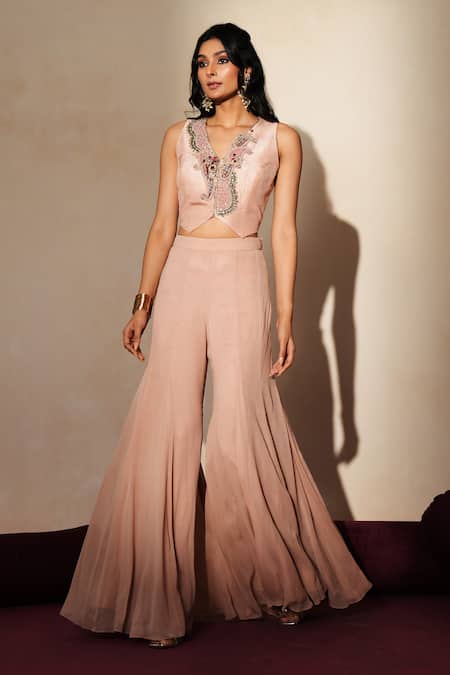 ISHA GUPTA TAYAL_Pink Silk Embroidery, Stones, Patchwork V-neck Rajmani Waistcoat And Sharara Set _Online_at_Aza_Fashions