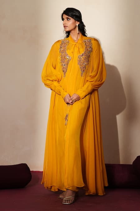 Buy_ISHA GUPTA TAYAL_Yellow Silk Collared, Bandeau Neck Roshni Embroidered Cape Pant Set _Online_at_Aza_Fashions