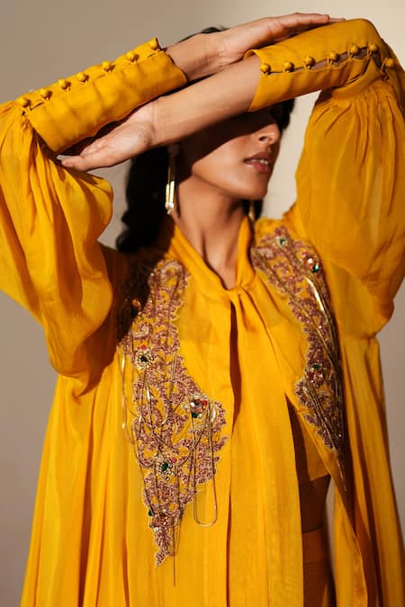Shop_ISHA GUPTA TAYAL_Yellow Silk Collared, Bandeau Neck Roshni Embroidered Cape Pant Set _Online_at_Aza_Fashions
