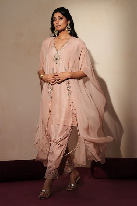 ISHA GUPTA TAYAL_Pink Silk Beads, Stones, Embroidery V-neck Gulabratna Cape Kurta Set _Online_at_Aza_Fashions