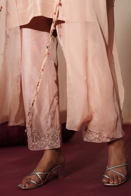 ISHA GUPTA TAYAL_Pink Silk Beads, Stones, Embroidery V-neck Gulabratna Cape Kurta Set _at_Aza_Fashions