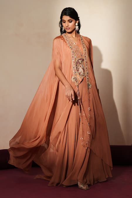 ISHA GUPTA TAYAL_Peach Silk Embroidery, Stones, Patchwork V-neck, Open Morni Cape Sharara Set _Online_at_Aza_Fashions