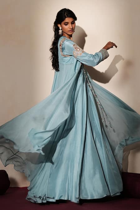 ISHA GUPTA TAYAL_Blue Silk Beads, Stones, Tassels, Patchwork, Kanchan Anarkali With Jacket _Online_at_Aza_Fashions