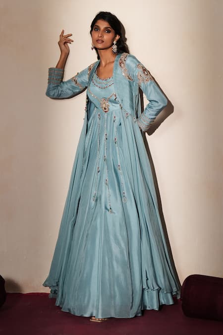 Buy_ISHA GUPTA TAYAL_Blue Silk Beads, Stones, Tassels, Patchwork, Kanchan Anarkali With Jacket _Online_at_Aza_Fashions