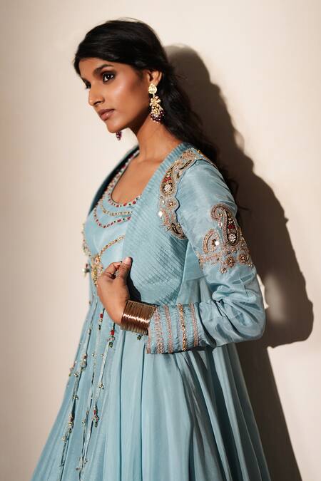 Shop_ISHA GUPTA TAYAL_Blue Silk Beads, Stones, Tassels, Patchwork, Kanchan Anarkali With Jacket _Online_at_Aza_Fashions