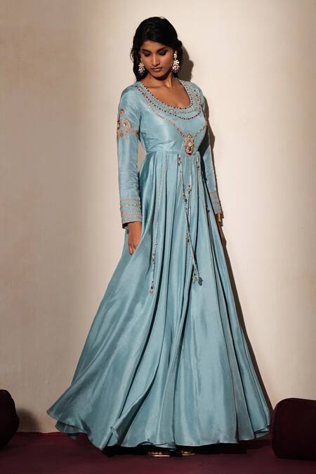 ISHA GUPTA TAYAL_Blue Silk Embroidery, Beads, Gemstones Round Neck Surahi Anarkali _Online_at_Aza_Fashions