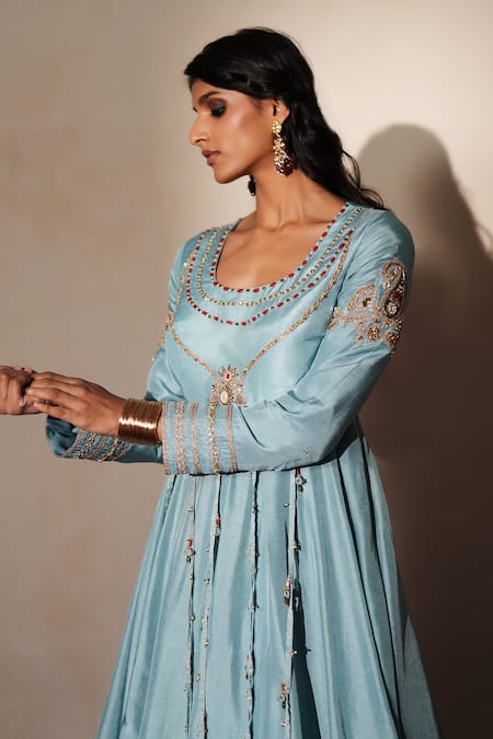 Buy_ISHA GUPTA TAYAL_Blue Silk Embroidery, Beads, Gemstones Round Neck Surahi Anarkali _Online_at_Aza_Fashions