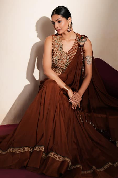 Shop ISHA GUPTA TAYAL Brown Silk Embroidery, Patchwork, Cut Work, Zari, Taarika Waistcoat Lehenga Set Online at Aza Fashions Shop_ISHA GUPTA TAYAL_Brown Silk Embroidery, Patchwork, Cut Work, Zari, Taarika Waistcoat Lehenga Set _Online_at_Aza_Fashions