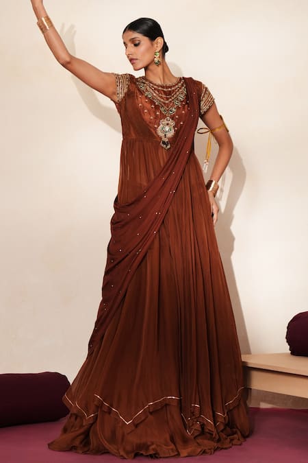 Buy_ISHA GUPTA TAYAL_Brown Silk, Organza Gemstones, Beads Round Mehfil Embroidered Anarkali Skirt Set _Online_at_Aza_Fashions