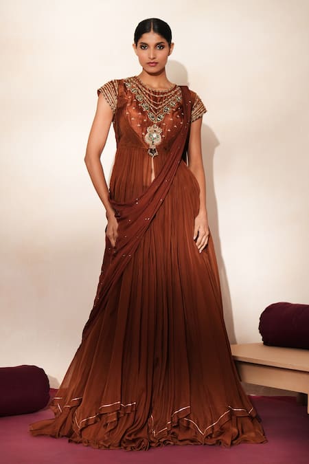 Shop_ISHA GUPTA TAYAL_Brown Silk, Organza Gemstones, Beads Round Mehfil Embroidered Anarkali Skirt Set _Online_at_Aza_Fashions