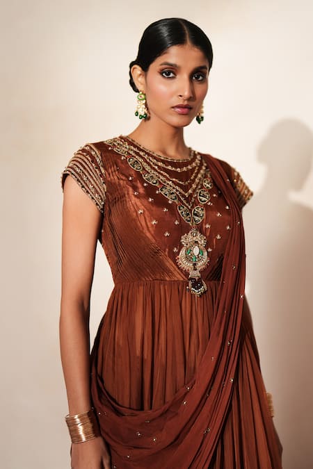 Buy_ISHA GUPTA TAYAL_Brown Silk, Organza Gemstones, Beads Round Mehfil Embroidered Anarkali Skirt Set 