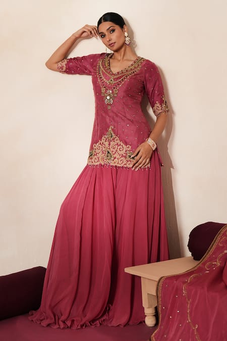 Shop_ISHA GUPTA TAYAL_Pink Silk Embroidery, Mirrors, Metallic Thread Sindoori Kurta Sharara Set _Online_at_Aza_Fashions