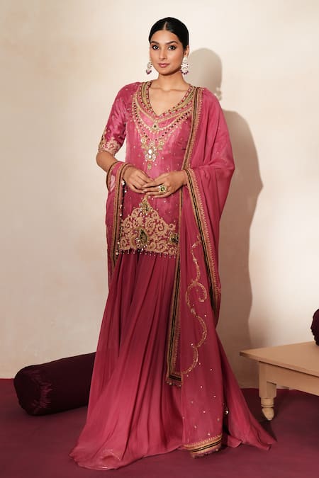 ISHA GUPTA TAYAL_Pink Silk Embroidery, Mirrors, Metallic Thread Sindoori Kurta Sharara Set _at_Aza_Fashions