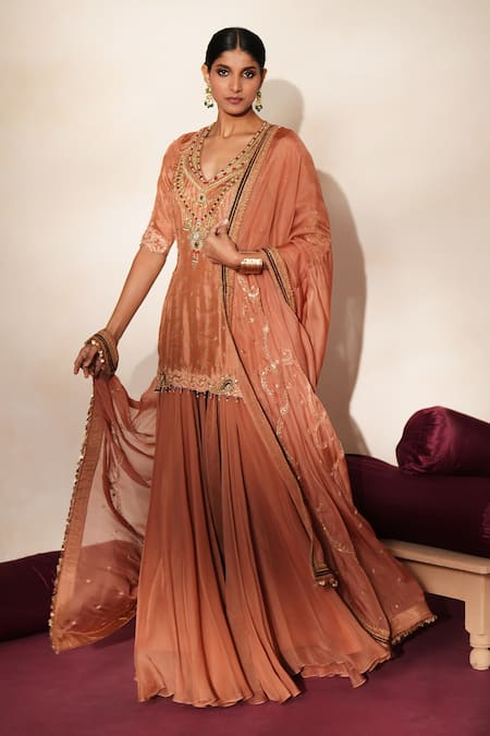 ISHA GUPTA TAYAL_Peach Silk Embroidery, Stones, Cut Work, Tassels Mrinalika Kurta Sharara Set _Online_at_Aza_Fashions