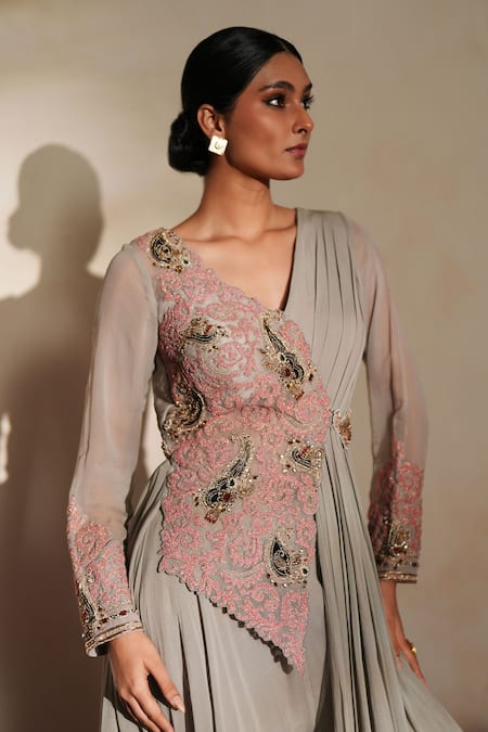 ISHA GUPTA TAYAL_Gray Georgette Embroidery, Gota Patti, Chamak Draped Jacket And Sharara Set _Online_at_Aza_Fashions