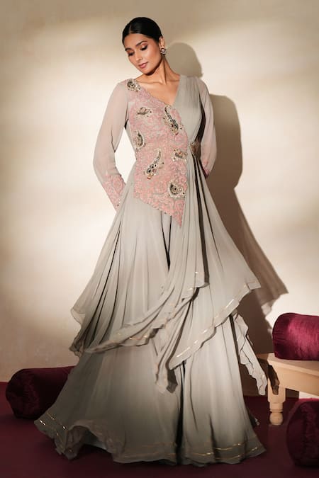 Buy_ISHA GUPTA TAYAL_Gray Georgette Embroidery, Gota Patti, Chamak Draped Jacket And Sharara Set _Online_at_Aza_Fashions