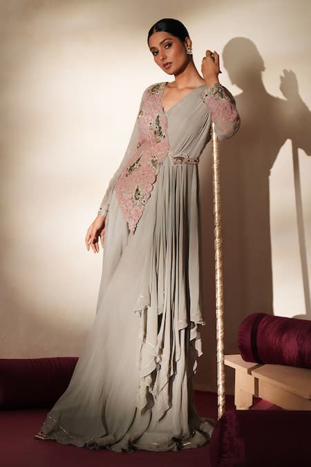 Shop_ISHA GUPTA TAYAL_Gray Georgette Embroidery, Gota Patti, Chamak Draped Jacket And Sharara Set _Online_at_Aza_Fashions