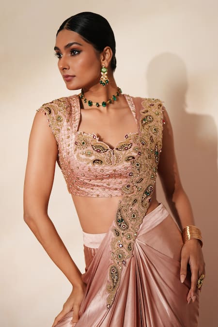 Shop_ISHA GUPTA TAYAL_Pink Chiffon, Satin Embroidery, Cut Ratanjali Pre-draped Saree With Blouse _Online_at_Aza_Fashions