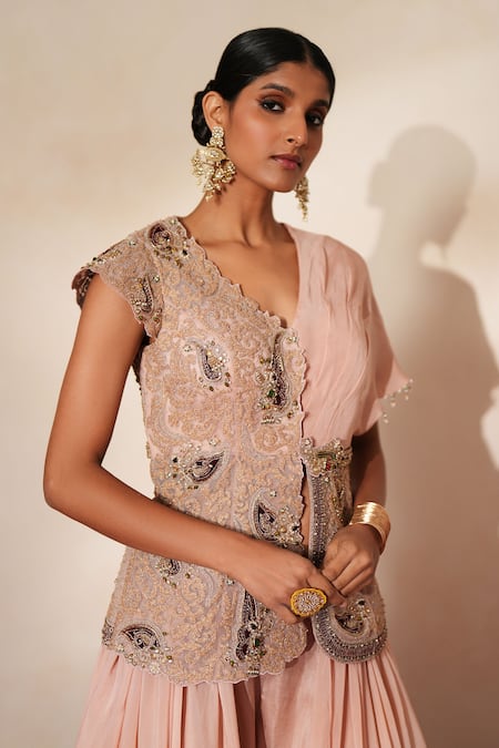ISHA GUPTA TAYAL_Pink Silk, Organza Embroidery, Gemstones, Gota Bindiya Jacket And Sharara Set _Online_at_Aza_Fashions