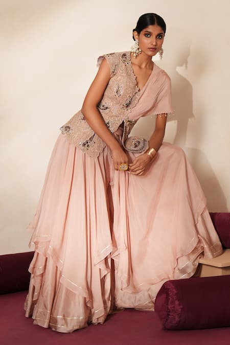 Shop_ISHA GUPTA TAYAL_Pink Silk, Organza Embroidery, Gemstones, Gota Bindiya Jacket And Sharara Set _Online_at_Aza_Fashions