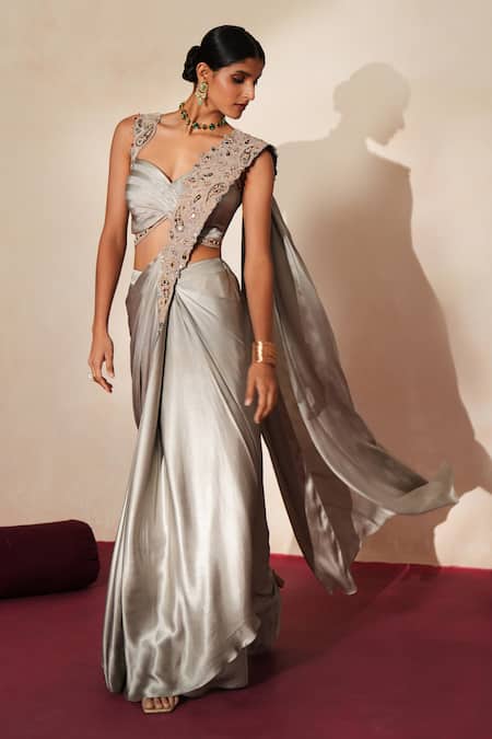 ISHA GUPTA TAYAL_Gray Chiffon, Satin Embroidery, Cut Work, Rajatnoor Pre-draped Saree With Blouse _Online_at_Aza_Fashions