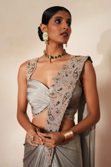Shop_ISHA GUPTA TAYAL_Gray Chiffon, Satin Embroidery, Cut Work, Rajatnoor Pre-draped Saree With Blouse _Online_at_Aza_Fashions