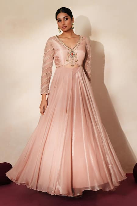 ISHA GUPTA TAYAL_Pink Tissue, Organza Embroidery, Beads, Stones Chandrika Anarkali With Dupatta _Online_at_Aza_Fashions