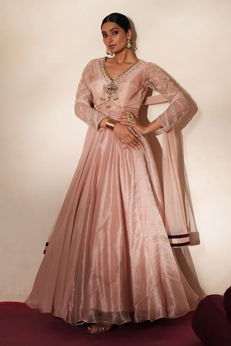 Shop_ISHA GUPTA TAYAL_Pink Tissue, Organza Embroidery, Beads, Stones Chandrika Anarkali With Dupatta _Online_at_Aza_Fashions