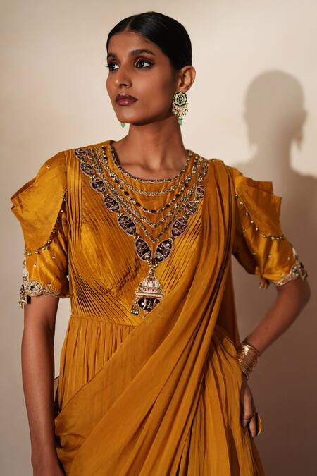 Shop_ISHA GUPTA TAYAL_Yellow Silk, Organza Embroidery, Stones, Beads Round Prabha Anarkali Skirt Set _Online_at_Aza_Fashions