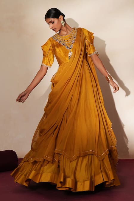 ISHA GUPTA TAYAL_Yellow Silk, Organza Embroidery, Stones, Beads Round Prabha Anarkali Skirt Set _at_Aza_Fashions