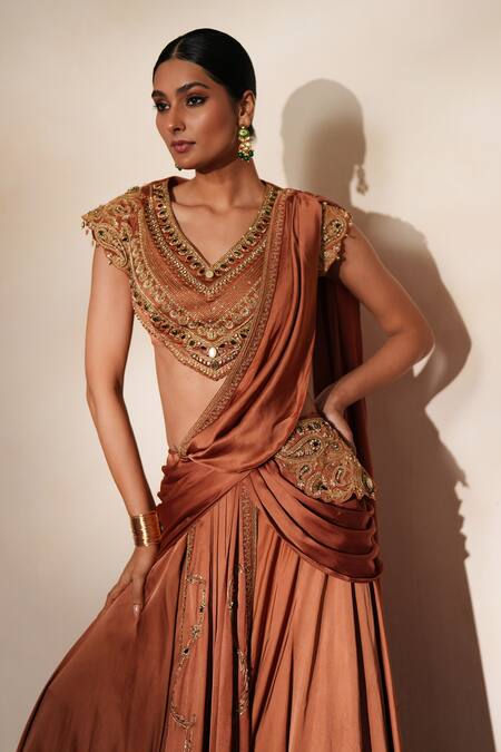 ISHA GUPTA TAYAL_Brown Satin Embroidery, Metallic Thread, Ratanmala Pre-draped Saree With Blouse _Online_at_Aza_Fashions
