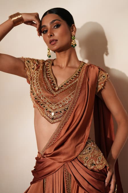 Buy_ISHA GUPTA TAYAL_Brown Satin Embroidery, Metallic Thread, Ratanmala Pre-draped Saree With Blouse _Online_at_Aza_Fashions