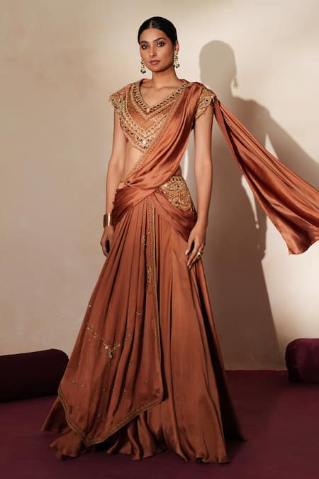 Shop_ISHA GUPTA TAYAL_Brown Satin Embroidery, Metallic Thread, Ratanmala Pre-draped Saree With Blouse _Online_at_Aza_Fashions