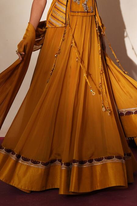 Buy_ISHA GUPTA TAYAL_Yellow Silk Embroidery, Stones, Metallic Thread V-neck Morchakra Lehenga Set _Online_at_Aza_Fashions