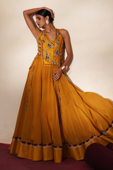 Shop_ISHA GUPTA TAYAL_Yellow Silk Embroidery, Stones, Metallic Thread V-neck Morchakra Lehenga Set _Online_at_Aza_Fashions