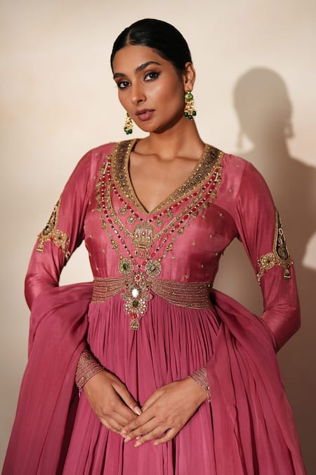 ISHA GUPTA TAYAL_Purple Silk, Organza Embroidery, Beads, Stones Rajvalli Anarakali With Dupatta _Online_at_Aza_Fashions