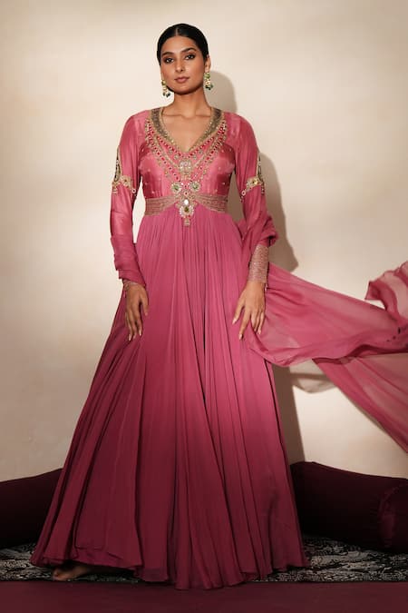 Shop_ISHA GUPTA TAYAL_Purple Silk, Organza Embroidery, Beads, Stones Rajvalli Anarakali With Dupatta _Online_at_Aza_Fashions