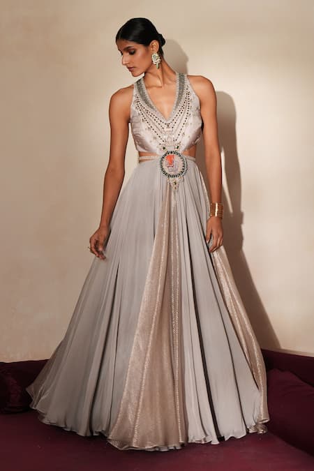 ISHA GUPTA TAYAL_Gray Organza, Silk Beads, Stones, Embroidery, Muktika Anarkali With Dupatta _Online_at_Aza_Fashions