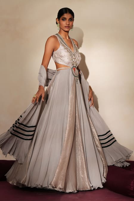 Buy_ISHA GUPTA TAYAL_Gray Organza, Silk Beads, Stones, Embroidery, Muktika Anarkali With Dupatta _Online_at_Aza_Fashions