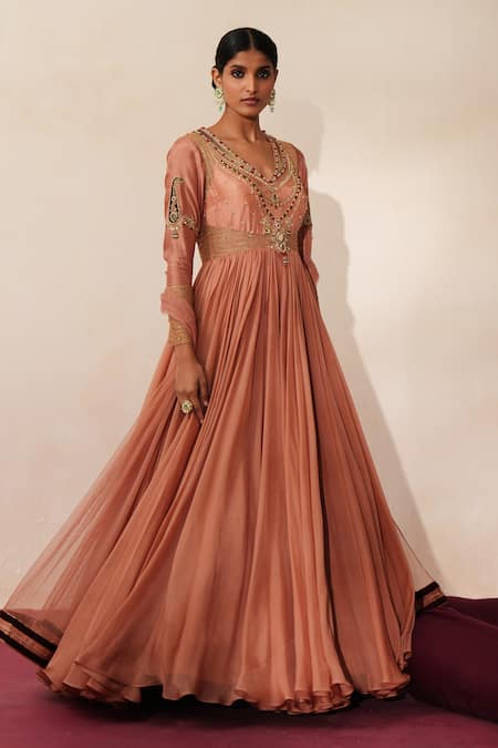ISHA GUPTA TAYAL_Peach , , Embroidery, Chandbaali Anarkali With Dupatta _Online_at_Aza_Fashions