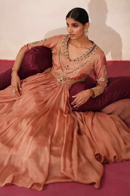 Shop_ISHA GUPTA TAYAL_Peach , , Embroidery, Chandbaali Anarkali With Dupatta _Online_at_Aza_Fashions