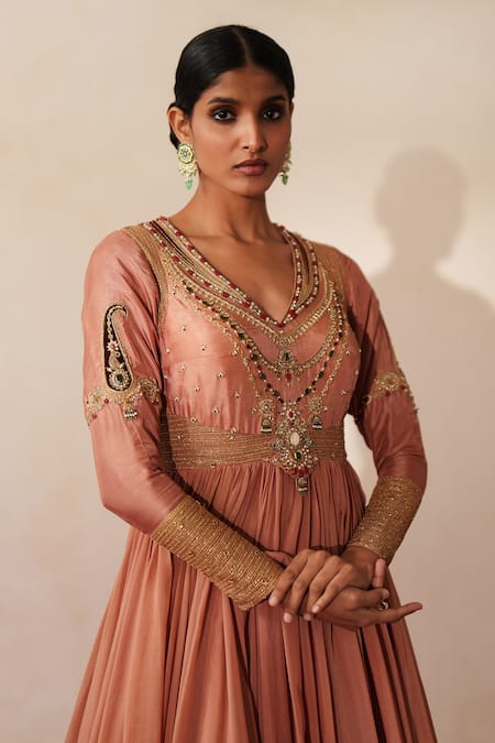 ISHA GUPTA TAYAL_Peach , , Embroidery, Chandbaali Anarkali With Dupatta _at_Aza_Fashions