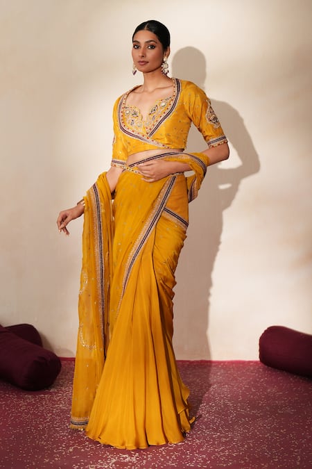 ISHA GUPTA TAYAL_Yellow Georgette, Organza, Silk Gomedha Pre-draped Concept Saree With Blouse _Online_at_Aza_Fashions
