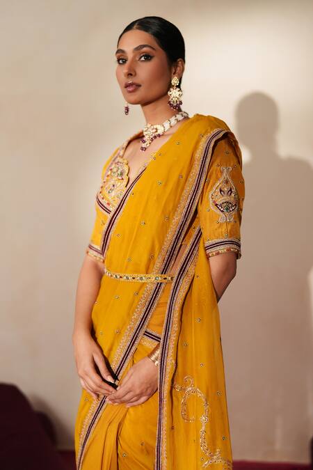 Buy_ISHA GUPTA TAYAL_Yellow Georgette, Organza, Silk Gomedha Pre-draped Concept Saree With Blouse _Online_at_Aza_Fashions