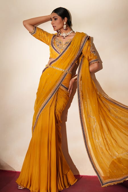 Shop_ISHA GUPTA TAYAL_Yellow Georgette, Organza, Silk Gomedha Pre-draped Concept Saree With Blouse _Online_at_Aza_Fashions