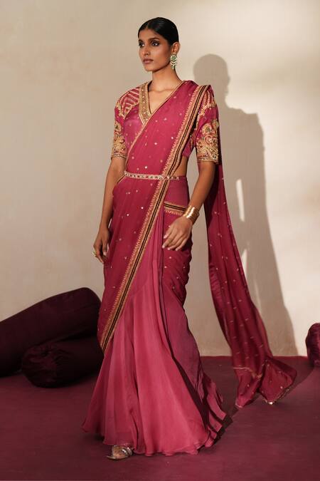 ISHA GUPTA TAYAL_Pink Georgette, Organza, Silk Nayaab Pre-draped Concept Saree With Blouse _Online_at_Aza_Fashions