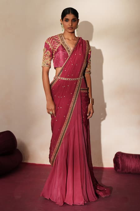 Buy_ISHA GUPTA TAYAL_Pink Georgette, Organza, Silk Nayaab Pre-draped Concept Saree With Blouse _Online_at_Aza_Fashions